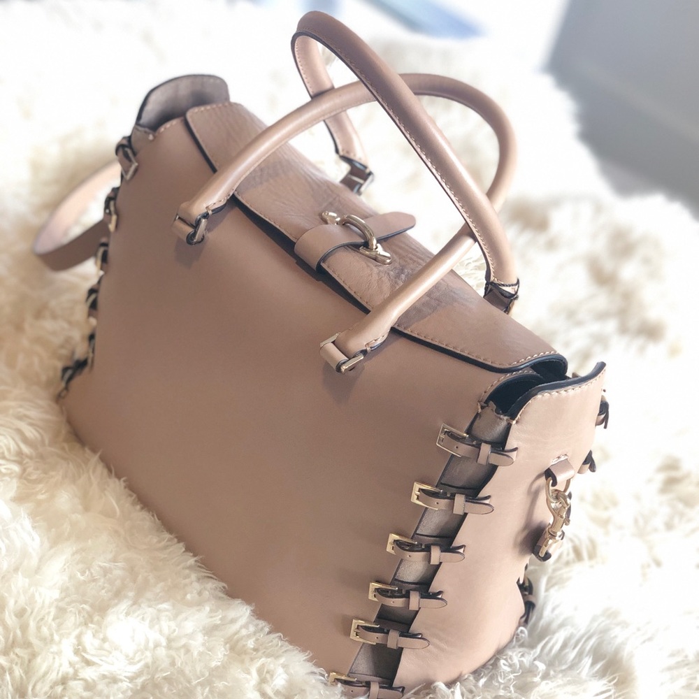 Valentino  buckle-trimmed satchel with strap taupe